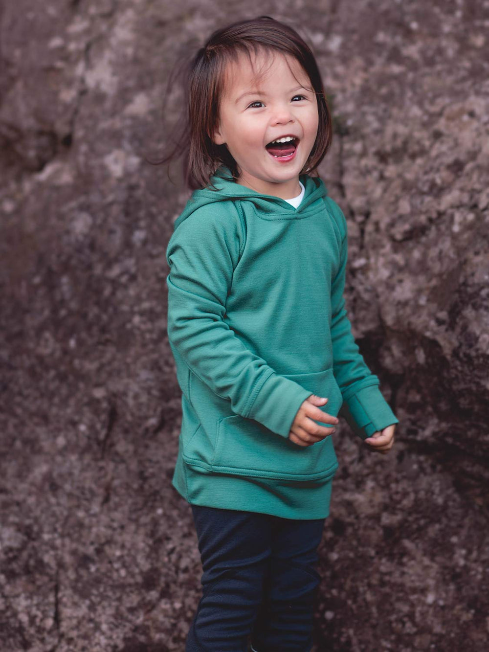 Kids merino hoodie green side #colour_wild-green