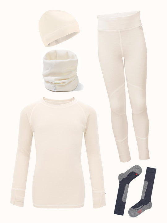 Merino kids thermal baselayer hat snood bundle white #colour_pure-ivory