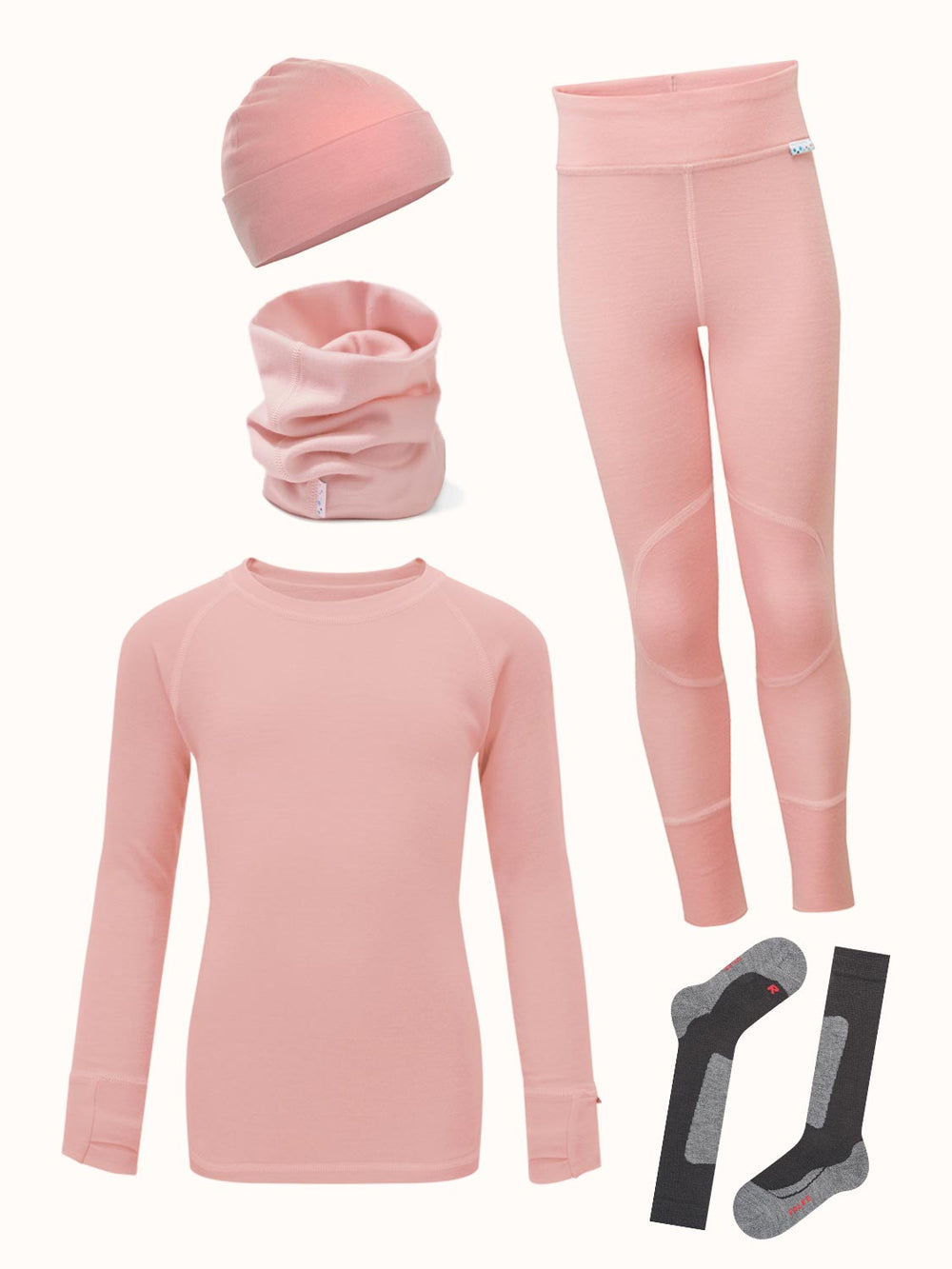 Merino kids thermal baselayer hat snood bundle pink #colour_vintage-rose