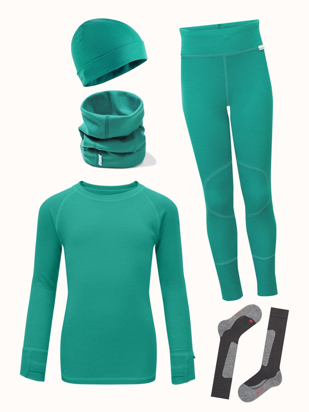 Merino kids thermal baselayer hat snood bundle grey front #colour_wild-green