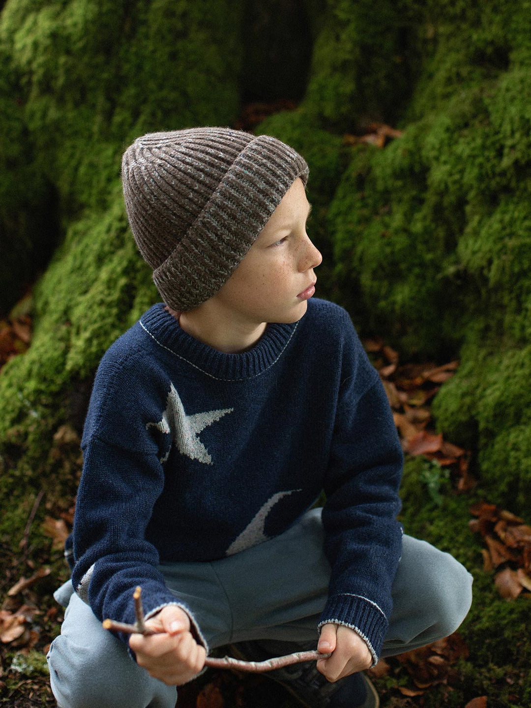 brown merino wool fishermans knit beanie hat unisex kids side #colour_fellstone