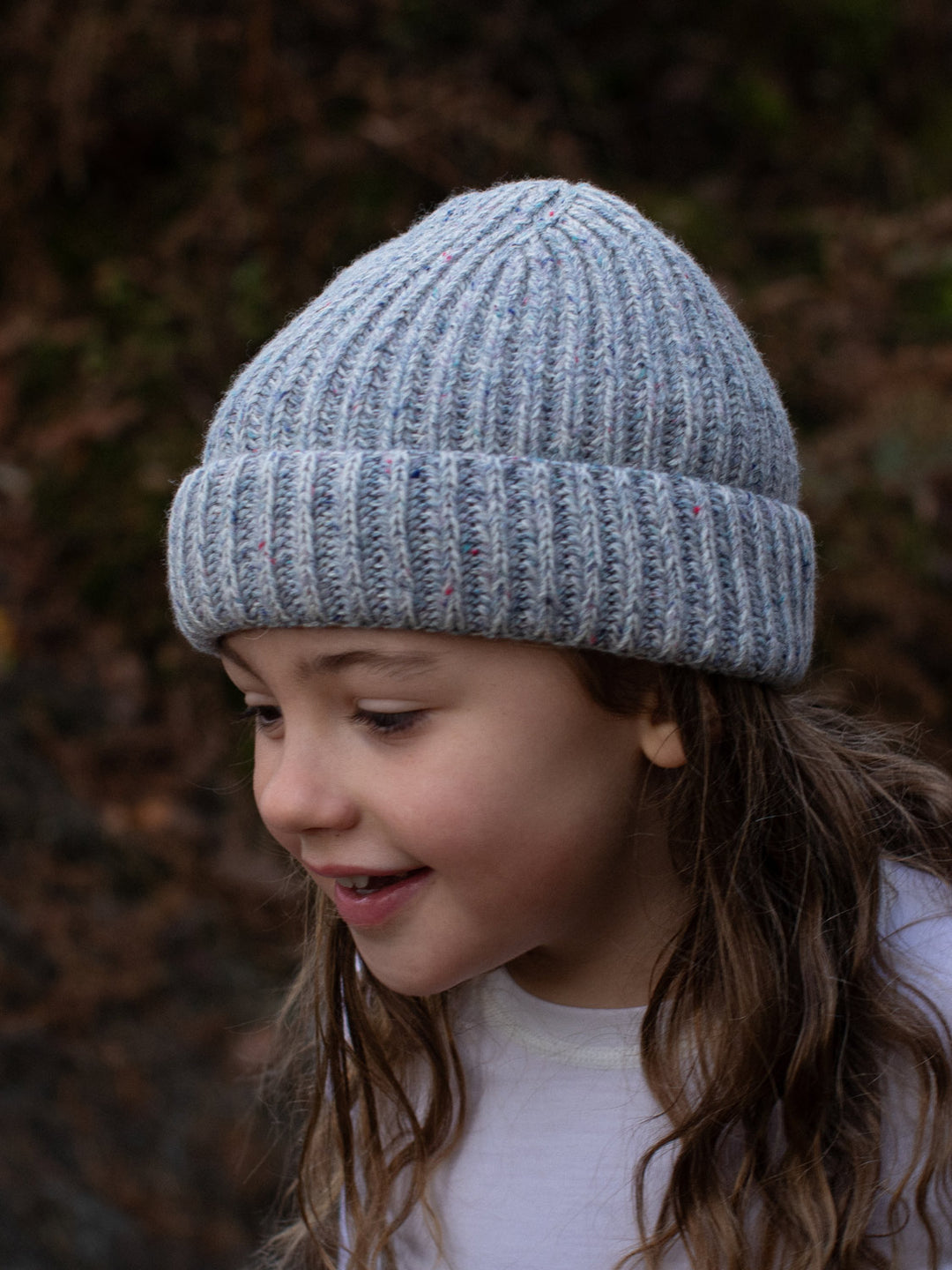 grey merino wool fishermans knit beanie hat kids side #colour_glacial-quartz