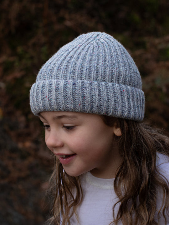 grey merino wool fishermans knit beanie hat kids side #colour_glacial-quartz