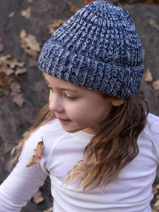 Navy melange merino wool fishermans knit beanie hat kids detail #colour_nocturne