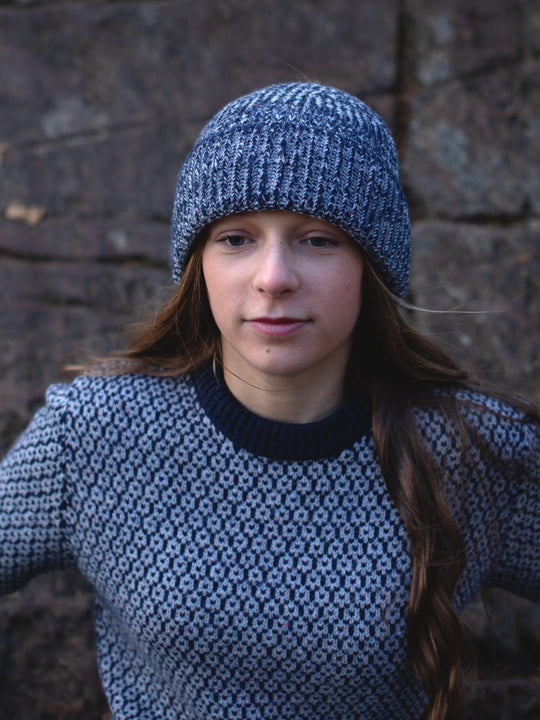 Navy melange merino wool fishermans knit beanie hat teens womens unisex #colour_nocturne