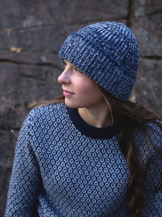 Navy melange merino wool fishermans knit beanie hat kids womens teens unisex #colour_nocturne