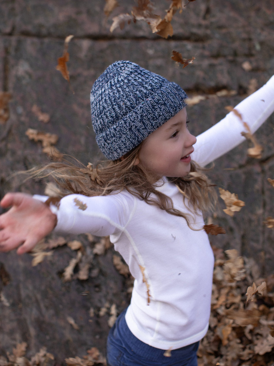 Navy melange merino wool fishermans knit beanie hat kids #colour_nocturne