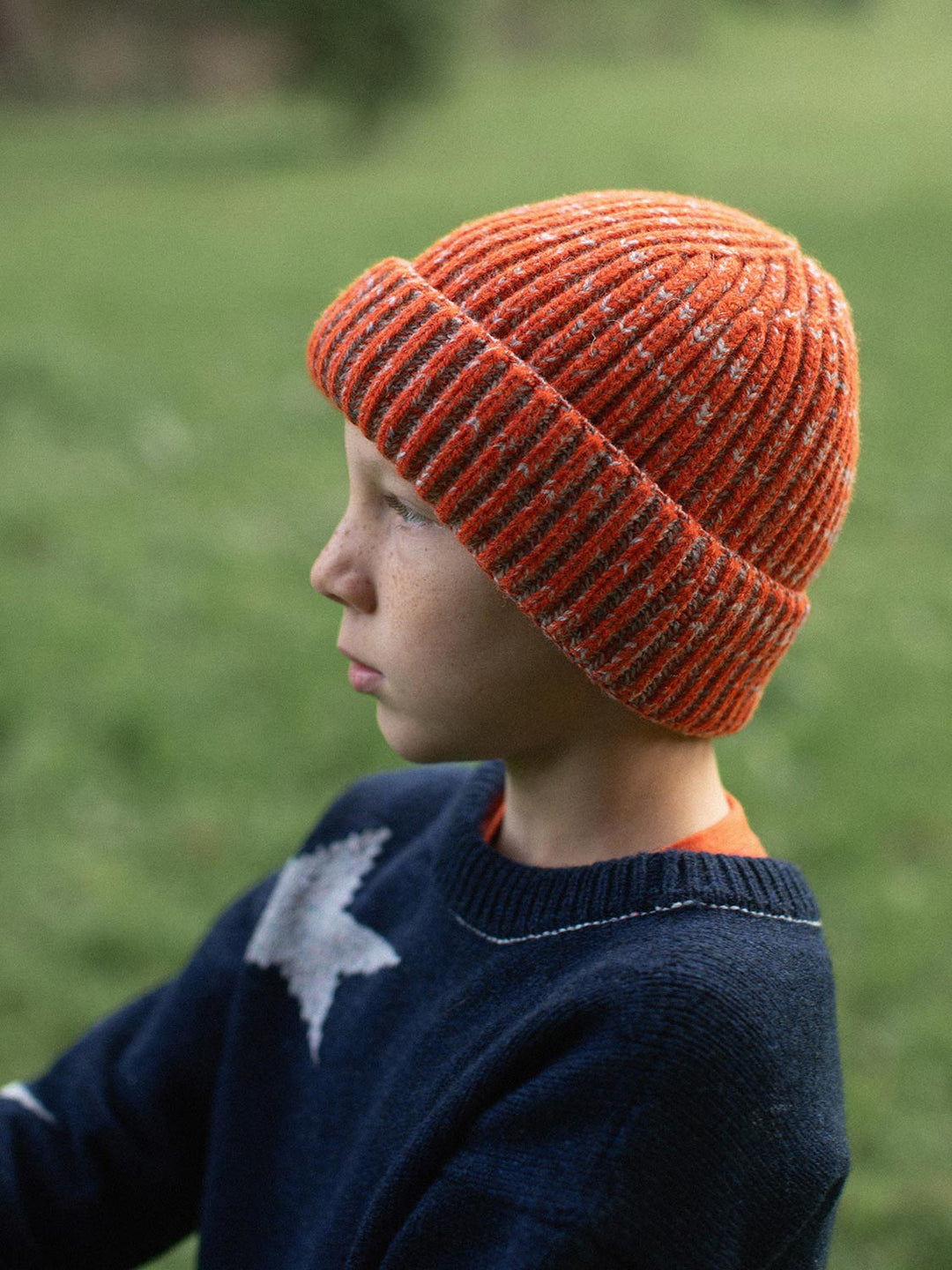 orange merino wool fishermans knit beanie hat unisex kids side #colour_ember