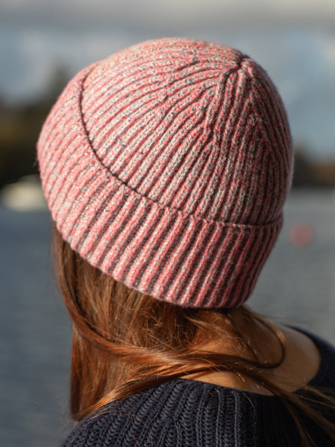 Pink melange merino wool fishermans knit beanie hat womens back #colour_aurora