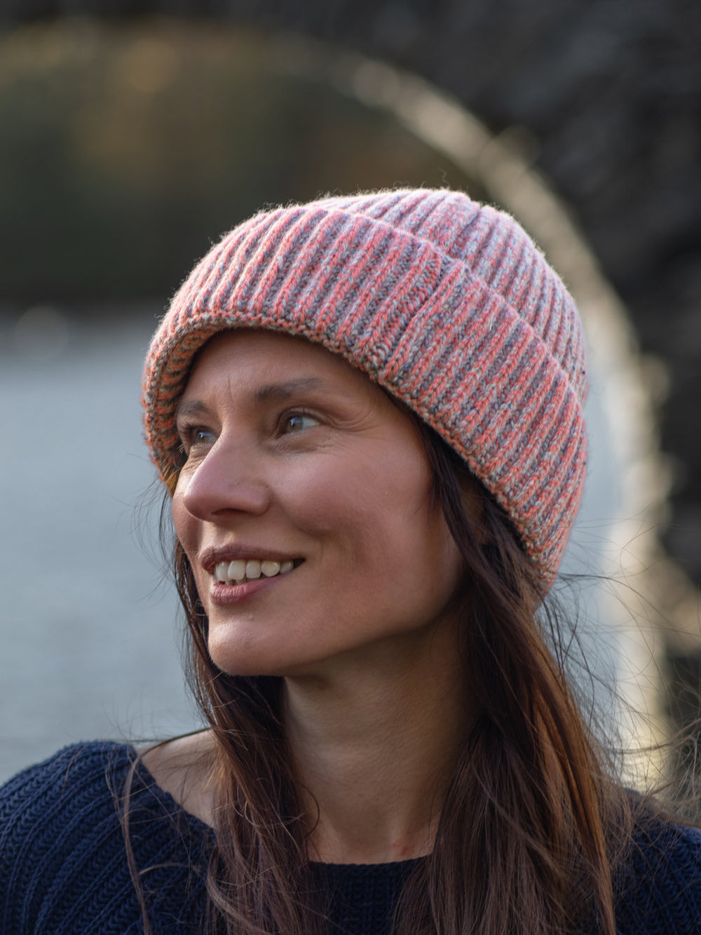 Pink melange merino wool fishermans knit beanie hat womens  #colour_aurora