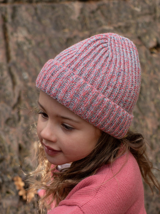 Pink melange merino wool fishermans knit beanie hat kids girls #colour_aurora