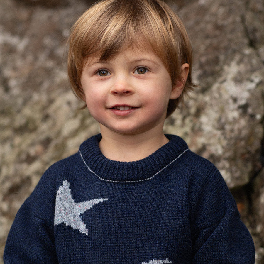 Navy blue merino wool toddler knitted sweater gift hand knitted with star and moon design detail #colour_nocturne