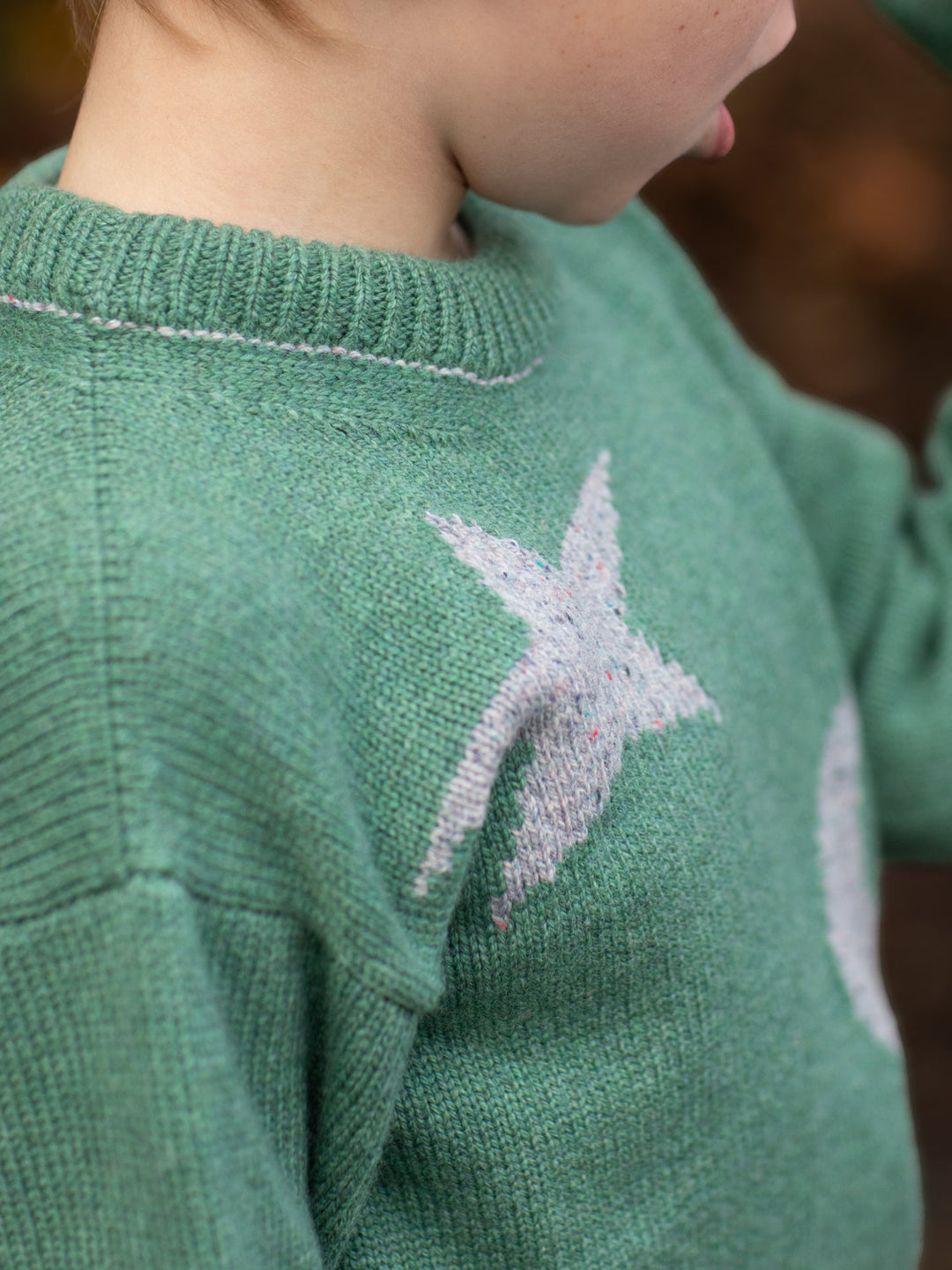 forest green merino wool baby toddler and kids knitted sweater gift hand knitted with star and moon design detail #colour_celestine