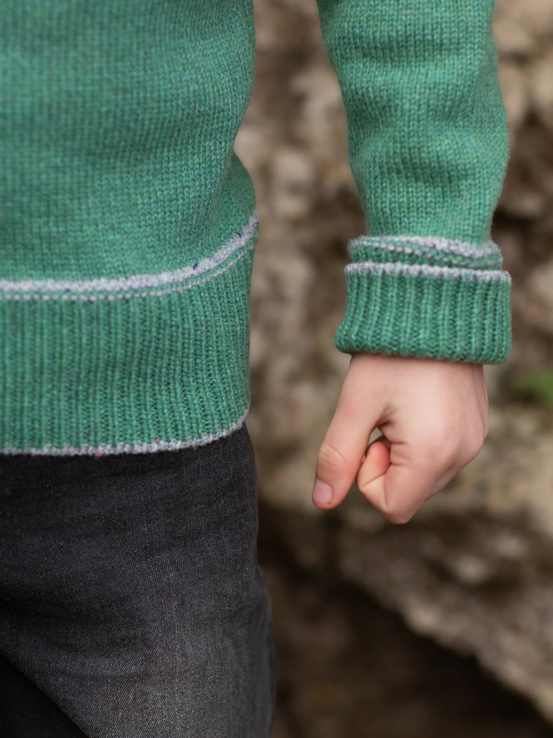 forest green merino wool baby toddler and kids knitted sweater gift hand knitted with star and moon adjustable cuff #colour_celestine