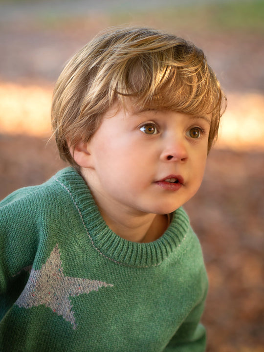 forest green merino wool baby toddler and kids knitted sweater gift hand knitted with star and moon design close up #colour_celestine