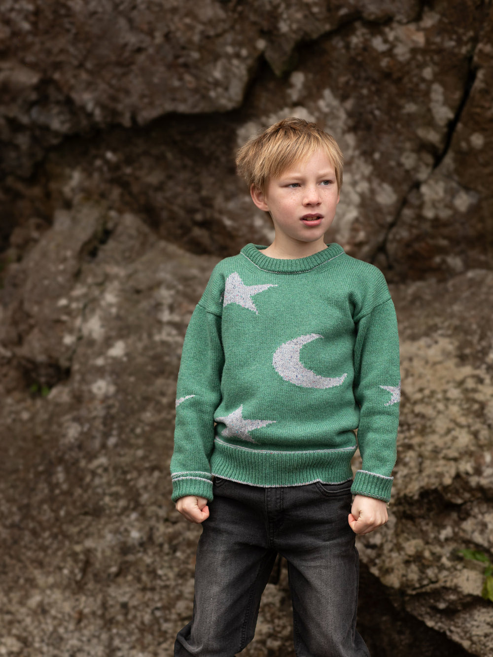 forest green merino wool kids knitted sweater gift hand knitted with star and moon design font #colour_celestine