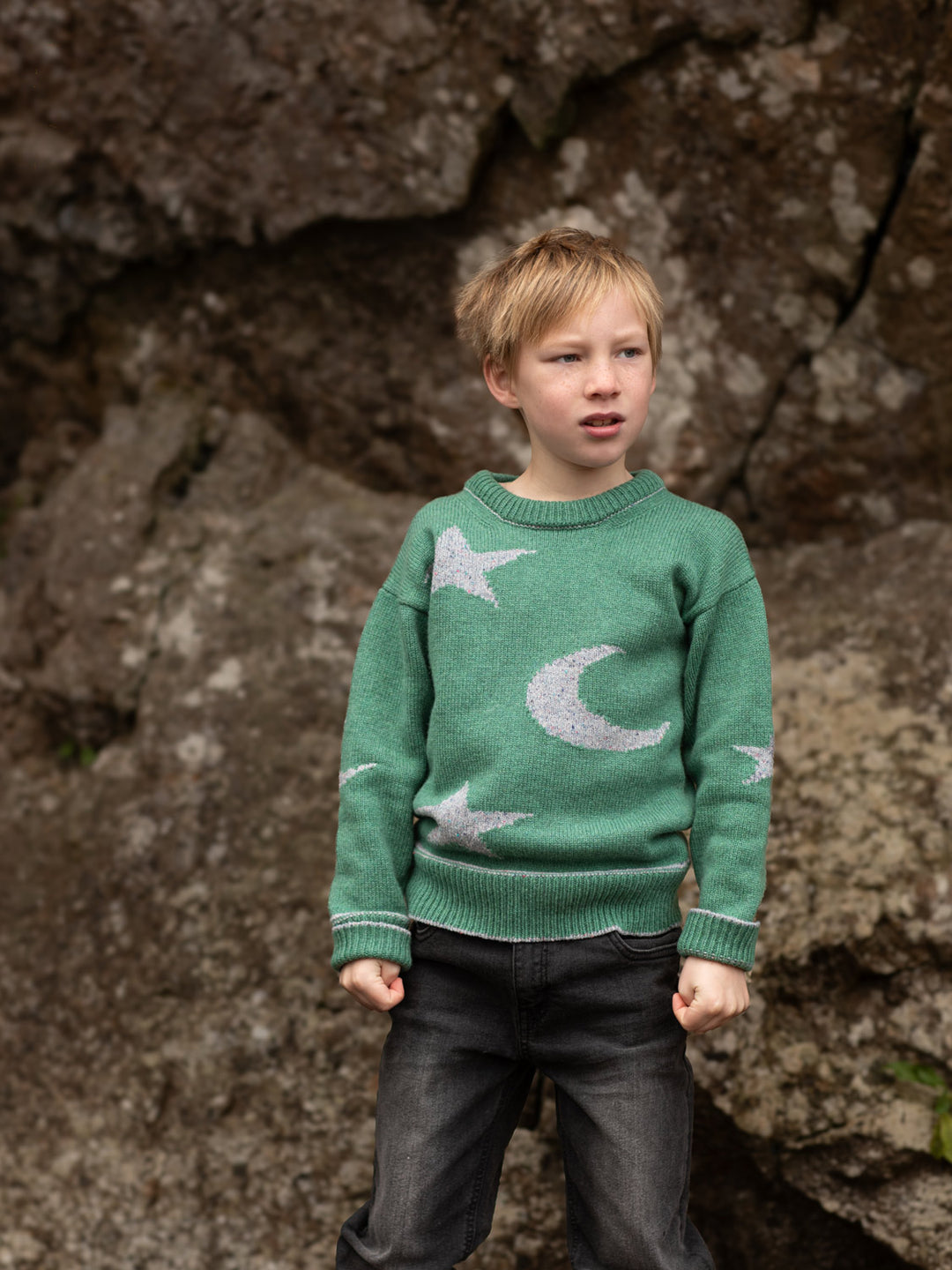 forest green merino wool kids knitted sweater gift hand knitted with star and moon design font #colour_celestine