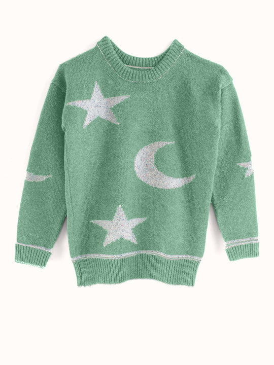 forest green merino wool baby toddler and kids knitted sweater gift hand knitted with star and moon design still #colour_celestine