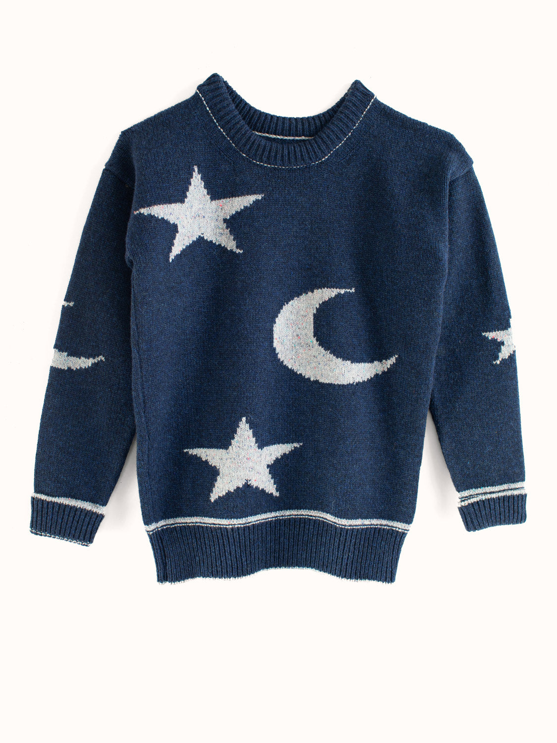 Navy blue merino wool toddler knitted sweater gift with star and moon design front #colour_nocturne