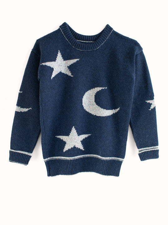 Navy blue merino wool toddler knitted sweater gift with star and moon design front #colour_nocturne