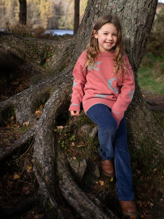 pink girls merino wool baby toddler and kids knitted sweater gift hand knitted with star and moon design front #colour_aurora