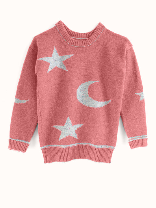 pink girls merino wool baby toddler and kids knitted sweater gift hand knitted with star and moon design front #colour_aurora