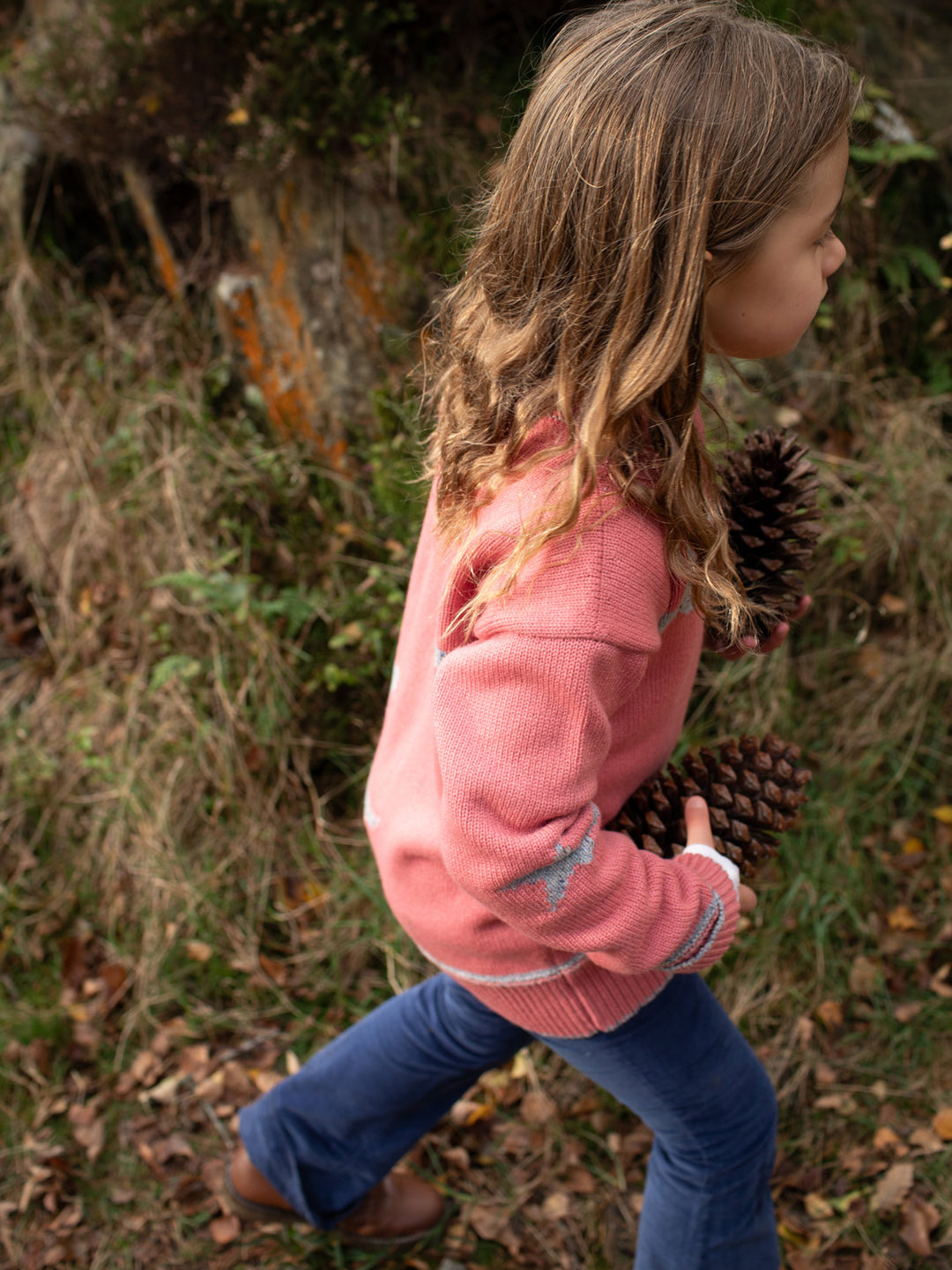 pink girls merino wool baby toddler and kids knitted sweater gift hand knitted with star and moon design side #colour_aurora