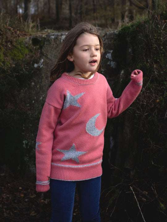 pink girls merino wool baby toddler and kids knitted sweater gift hand knitted with star and moon design adjustable cuff #colour_aurora