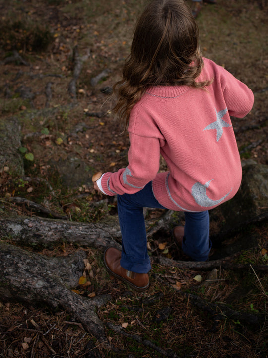 pink girls merino wool baby toddler and kids knitted sweater gift hand knitted with star and moon design back #colour_aurora