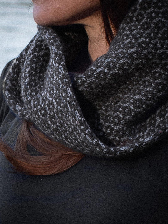 Merino wool womens neck cowl snood knit in black detail #colour_flint