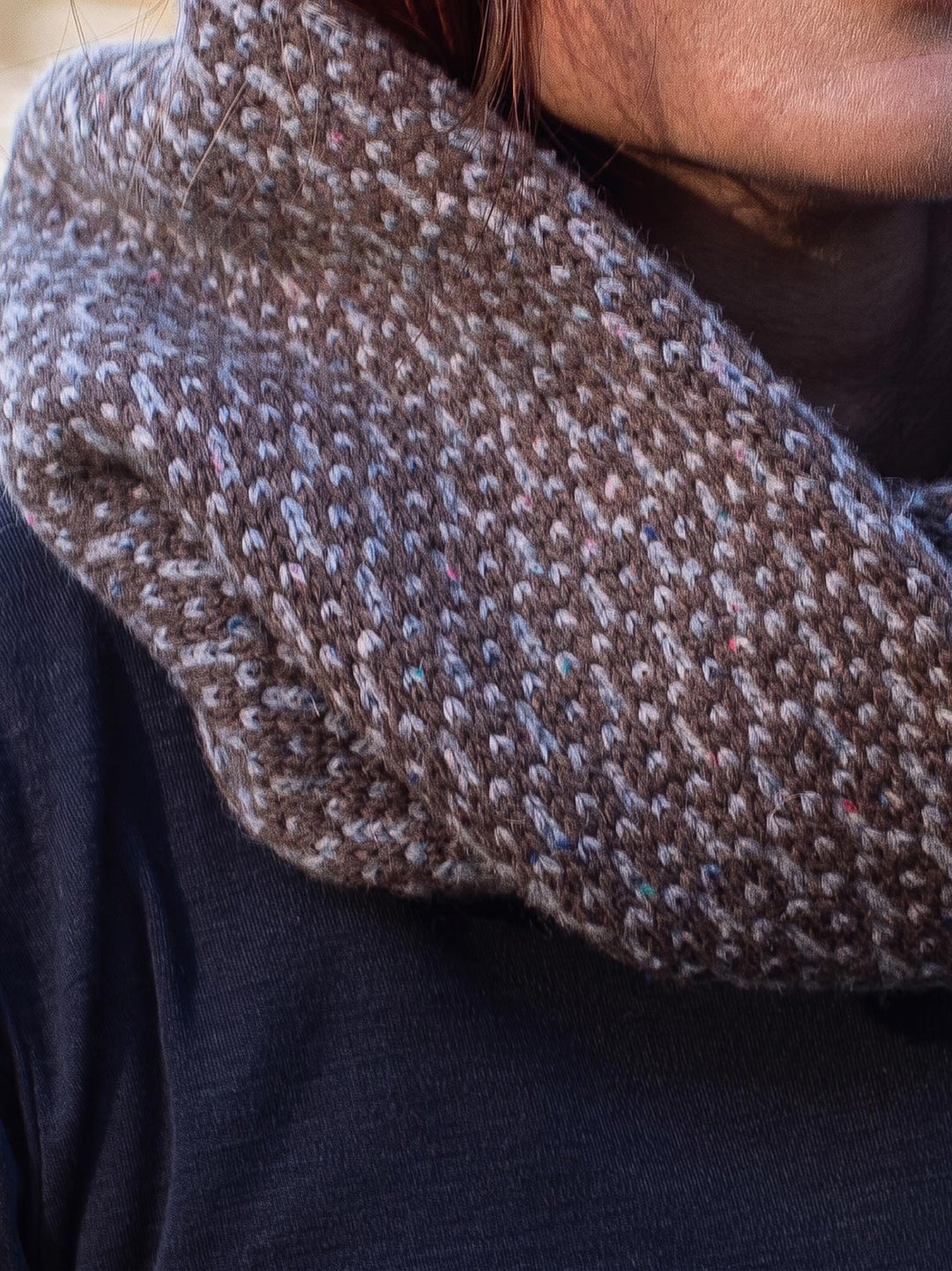 Merino wool womens neck cowl snood knit in brown detail #colour_fellstone