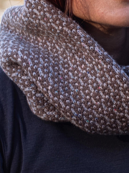 Merino wool womens neck cowl snood knit in brown detail #colour_fellstone