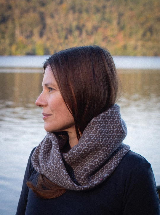 Merino wool womens neck cowl snood knit in brown side #colour_fellstone