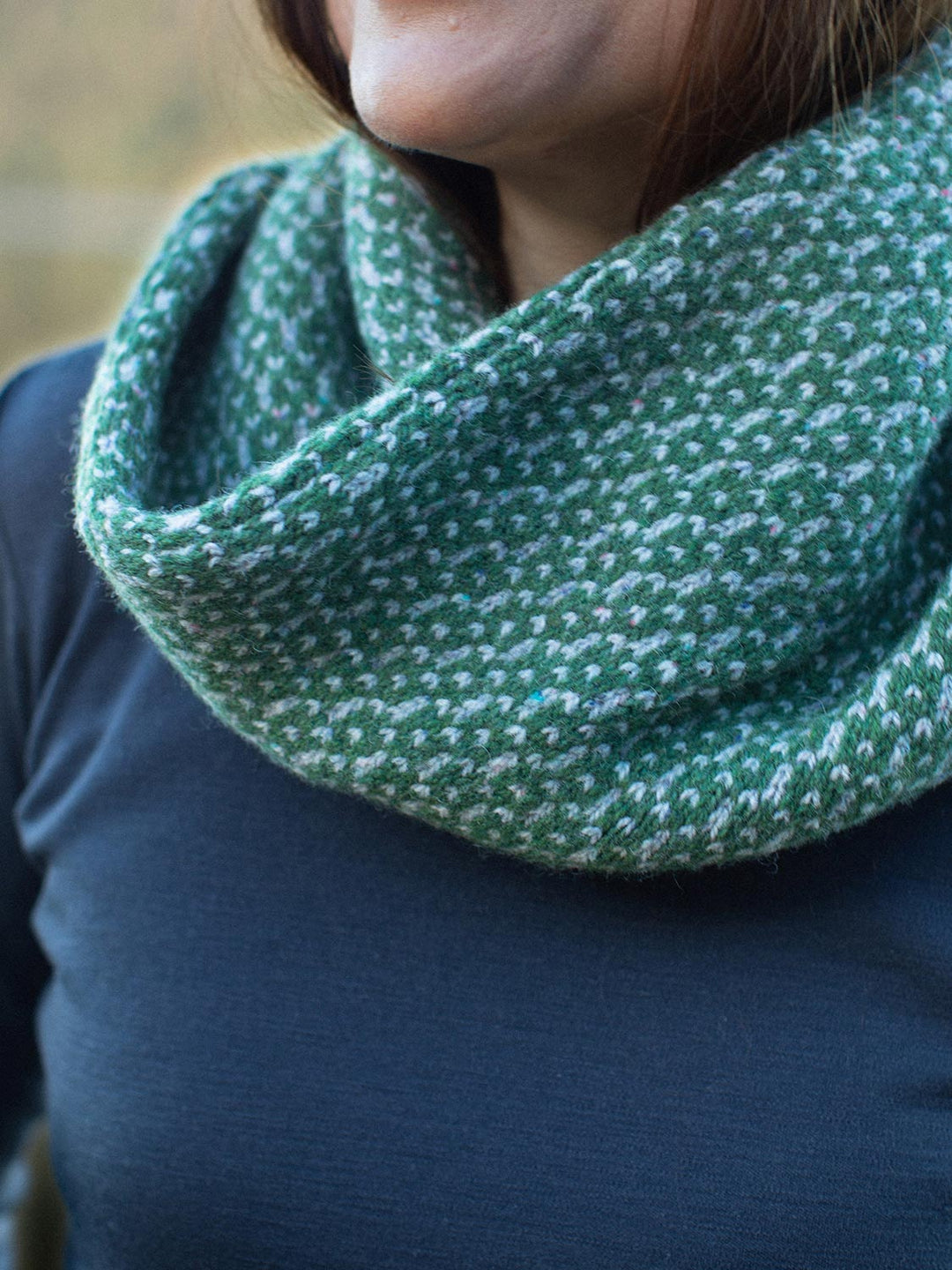 Merino wool womens neck cowl snood knit in green detail #colour_moss
