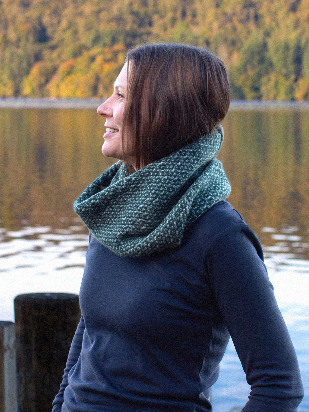 Merino wool womens neck cowl snood knit in green side #colour_moss