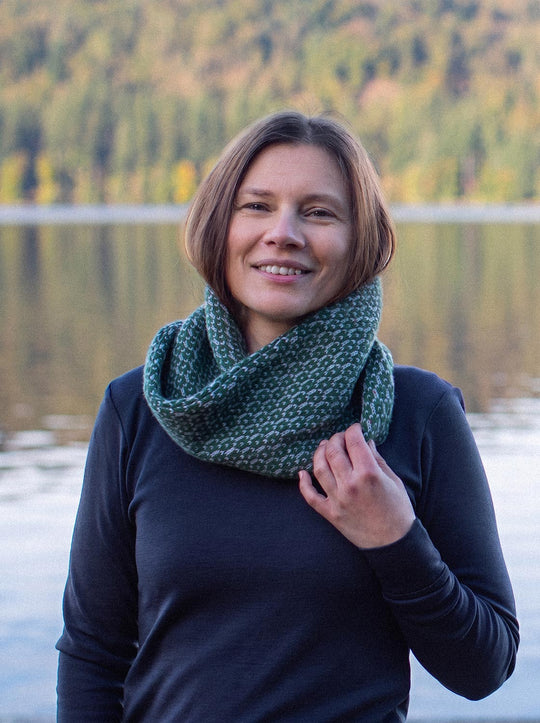 Merino wool womens neck cowl snood knit in green front #colour_moss
