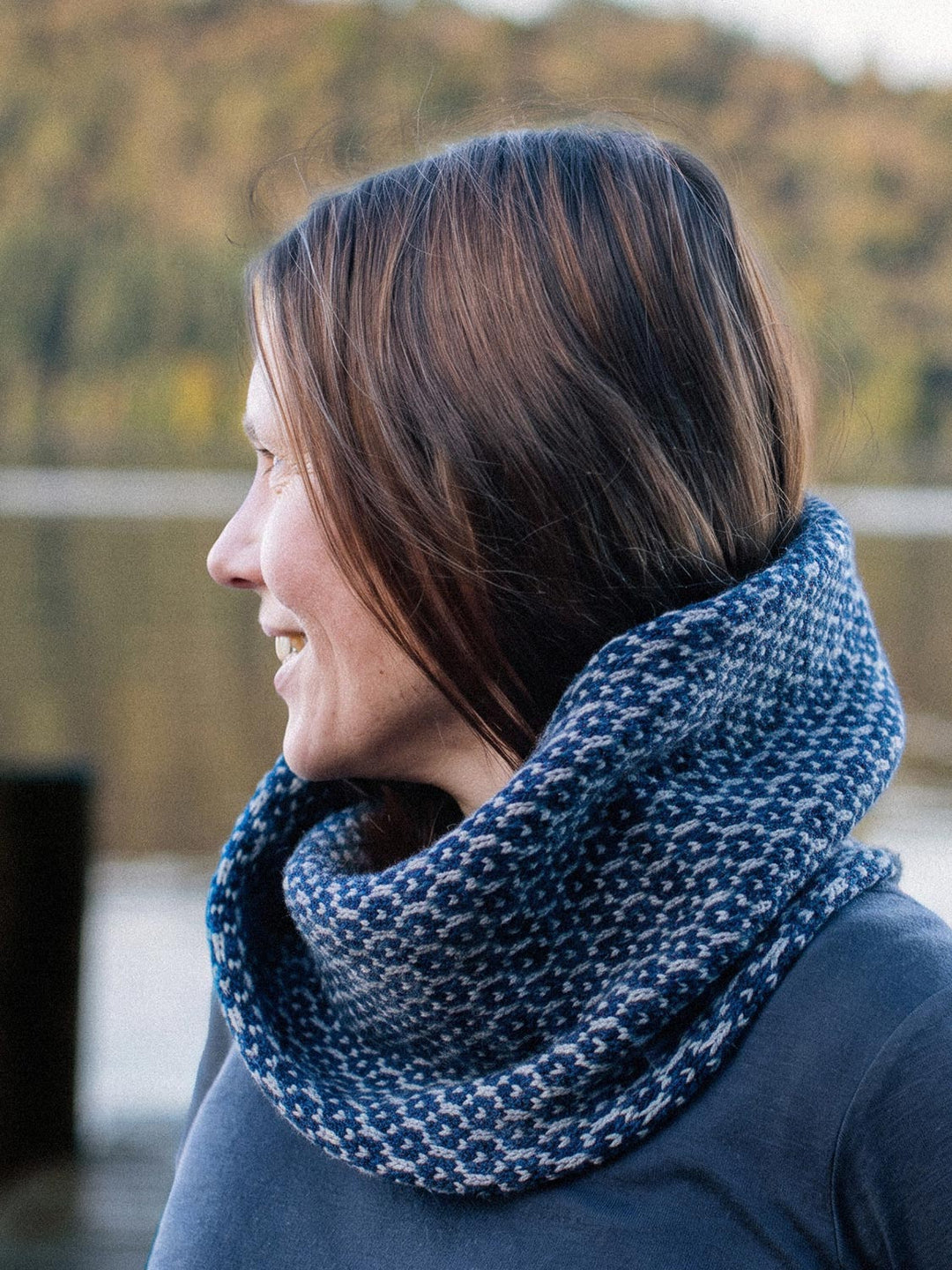 Merino wool womens neck cowl snood knit in navy blue side #colour_nocturne