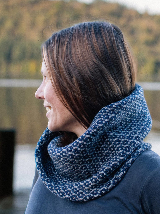 Merino wool womens neck cowl snood knit in navy blue side #colour_nocturne
