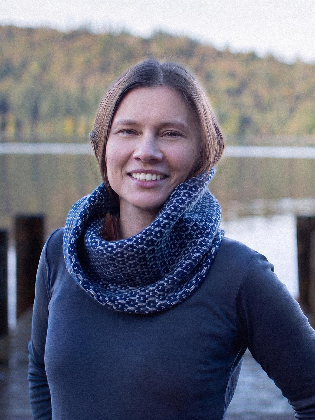 Merino wool womens neck cowl snood knit in navy blue front #colour_nocturne