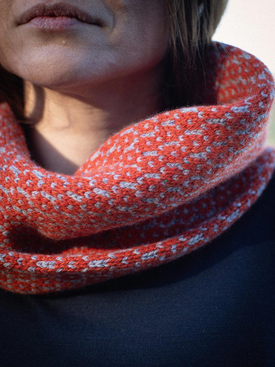 Merino wool womens neck cowl snood knit in orange rust close up #colour_ember