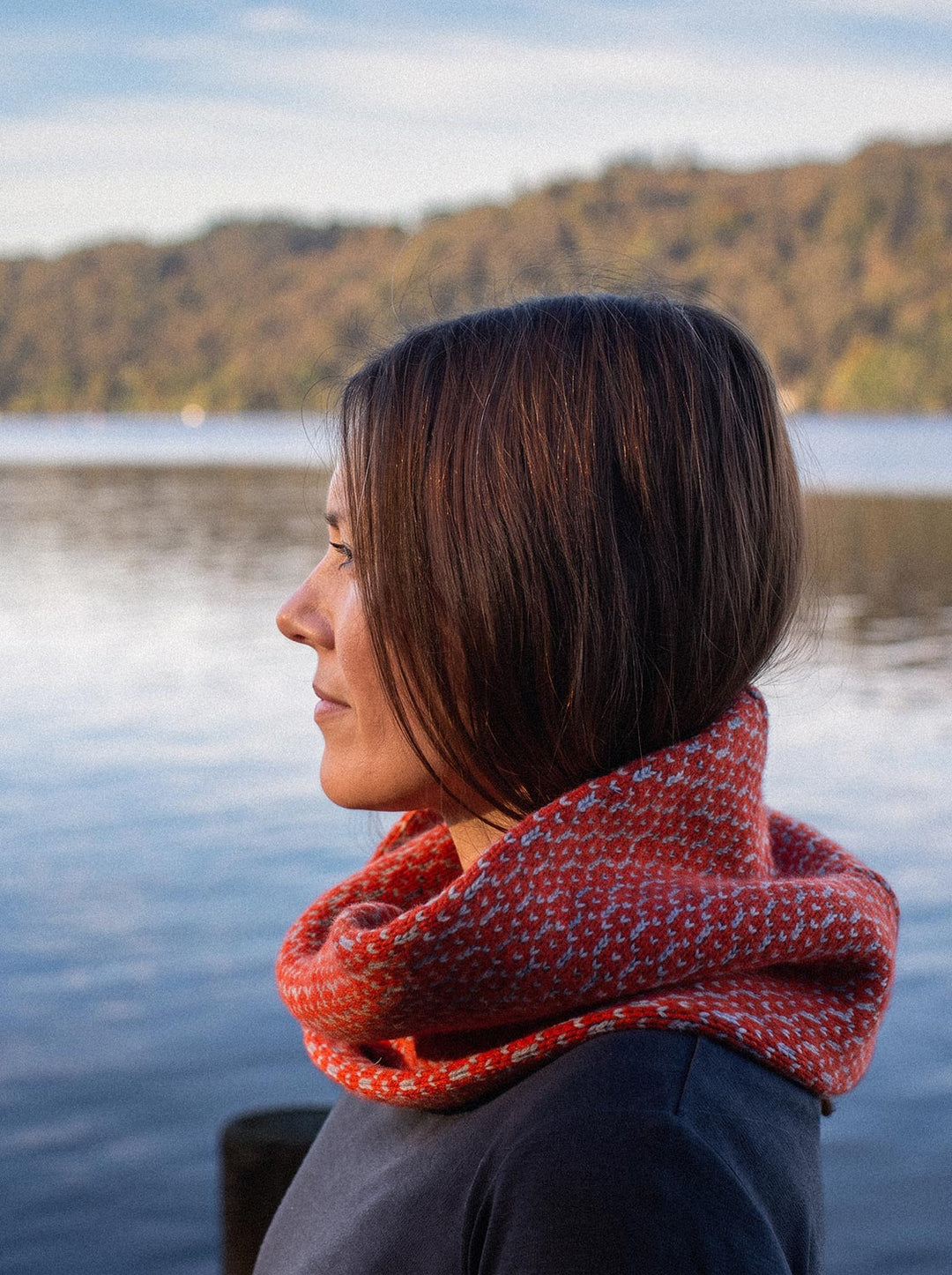 Merino wool womens neck cowl snood knit in orange rust side #colour_ember