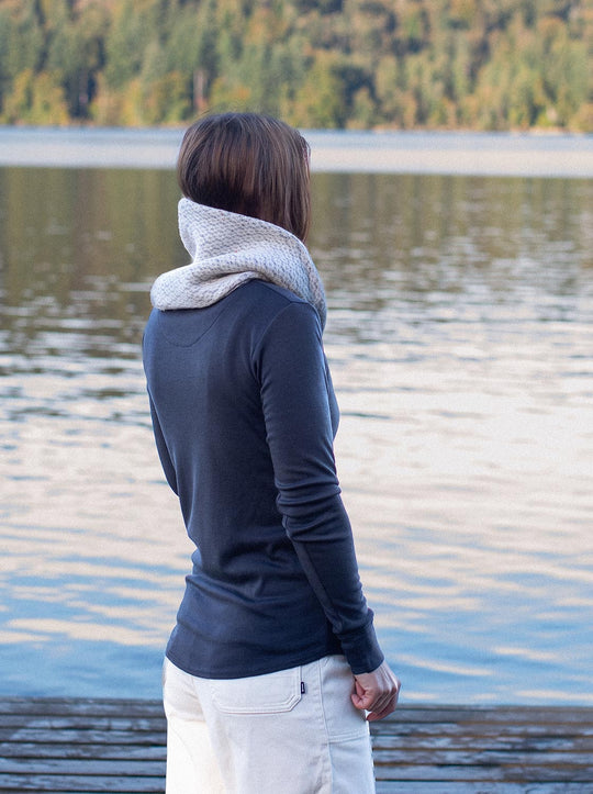 Merino wool womens neck cowl snood knit in neutral grey and white ivory tones side #colour_glacial-quartz