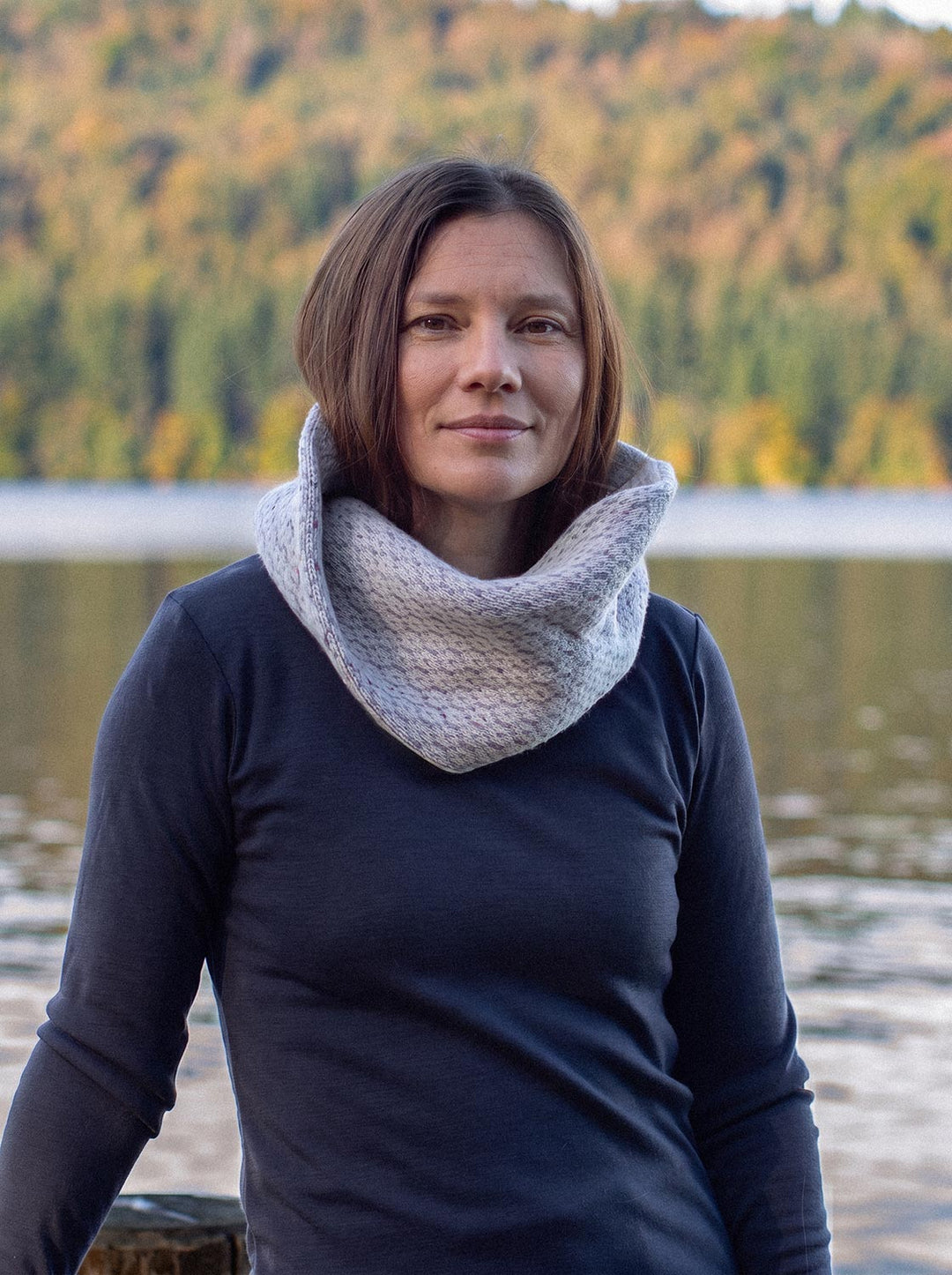 Merino wool womens neck cowl snood knit in neutral grey and white ivory tones front #colour_glacial-quartz