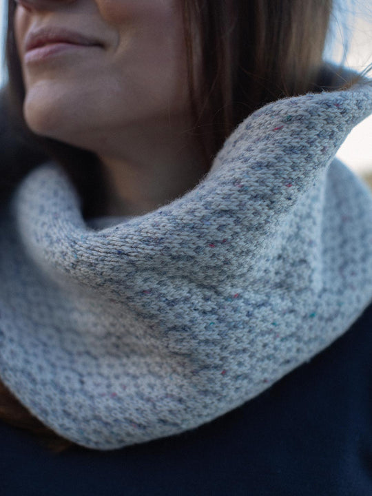 Merino wool womens neck cowl snood knit in neutral grey and white ivory tones detail #colour_glacial-quartz