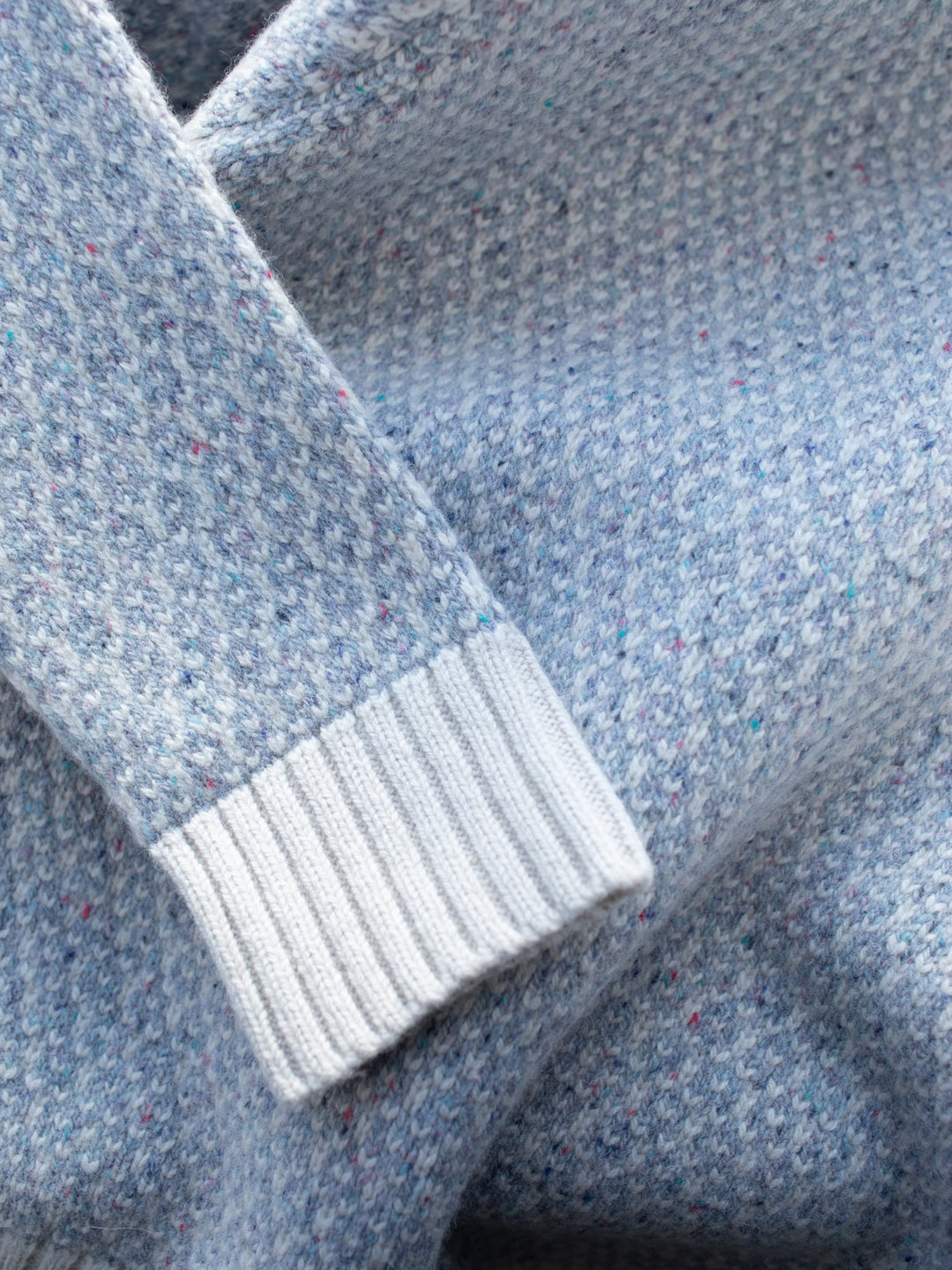 Merino wool womens crew neck jumper sweater knit in neutral grey and white ivory winter icelandic knit detail cuff #colour_glacial-quartz