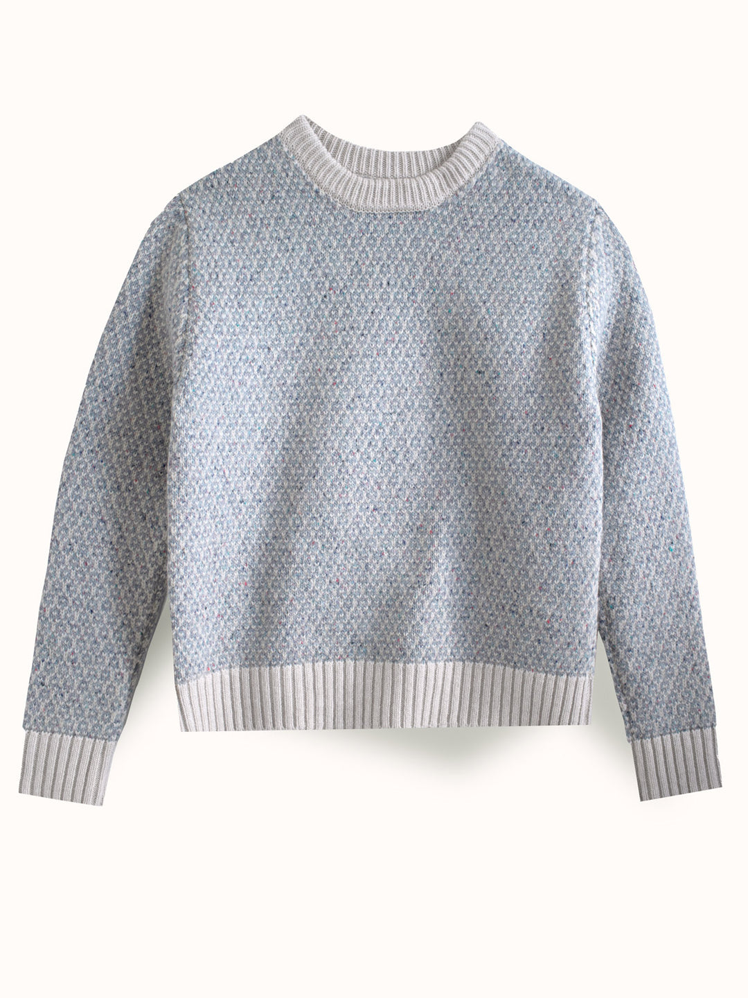 Merino wool womens crew neck jumper sweater knit in neutral grey and white ivory tones still image #colour_glacial-quartz