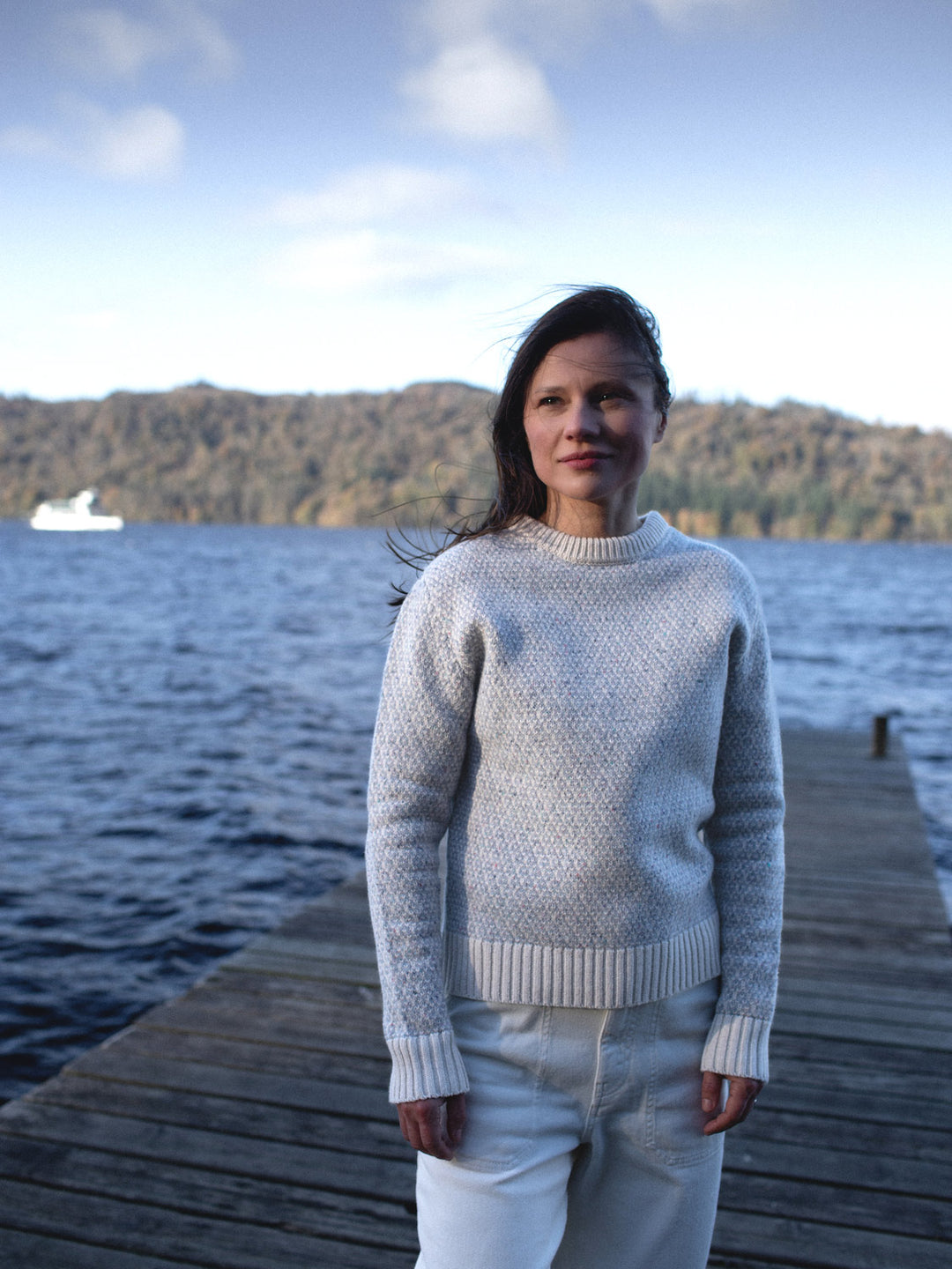 Merino wool womens crew neck jumper sweater knit in neutral grey and white ivory tones icelandic knit #colour_glacial-quartz