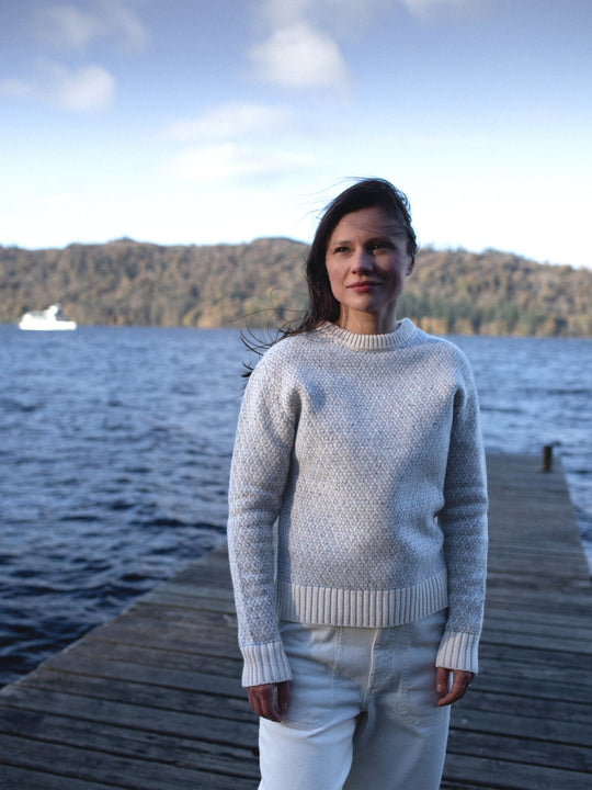 Merino wool womens crew neck jumper sweater knit in neutral grey and white ivory tones icelandic knit #colour_glacial-quartz