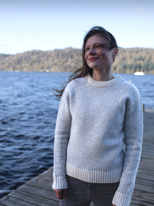 Merino wool womens crew neck jumper sweater knit in neutral grey and white ivory tones british lakes #colour_glacial-quartz