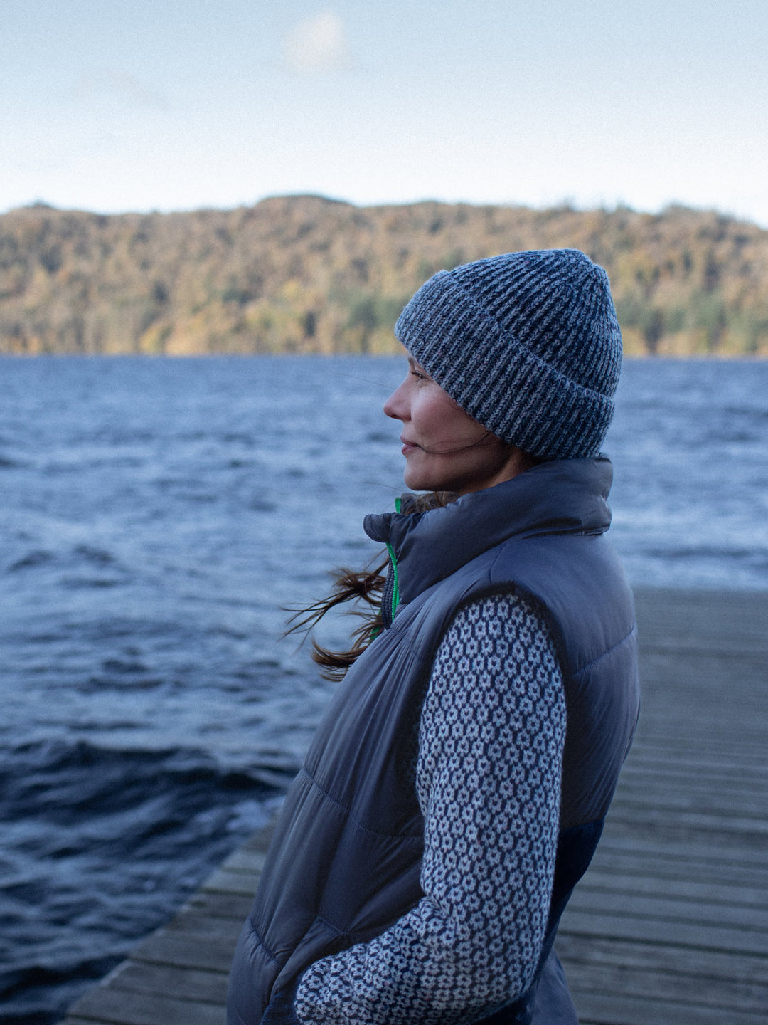 Merino wool womens crew neck jumper sweater knit in navy blue winter icelandic knit side view #colour_nocturne